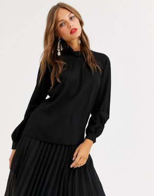 Черная атласная блузка с воротником-стойкой и пышными рукавами -Черный Closet London