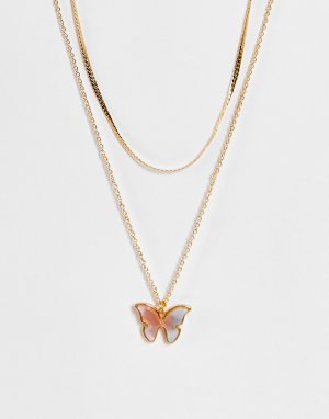 Золотистое двухъярусное ожерелье с бабочкой мраморной отделкой -Золотистый DesignB London
