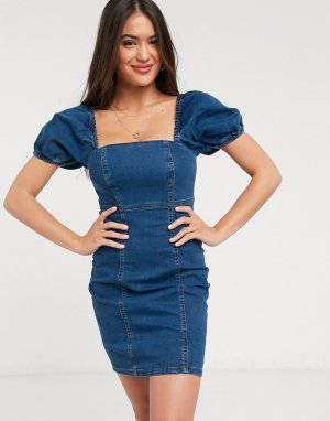 Синее джинсовое платье мини с объемными рукавами -Синий New Look