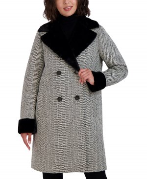 Женское двубортное пальто с отделкой из искусственного меха , черно-белый Tahari