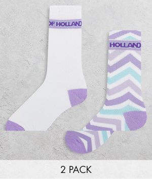 Набор из двух пар носков сиреневого и белого цвета с зигзагообразным узором в стиле колор блок -Фиолетовый цвет House of Holland
