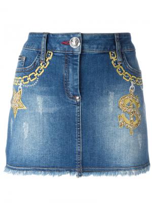 Джинсовая юбка с вышивкой Philipp Plein. Цвет: синий