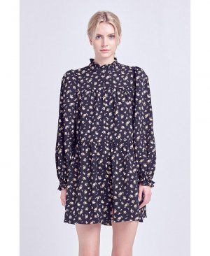 Женское ярусное мини-платье с цветочным принтом , черный English Factory