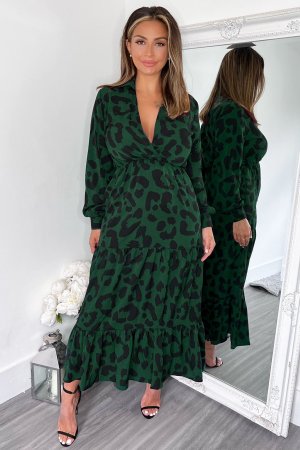 Свободное платье миди зеленого цвета с леопардовым принтом и длинными рукавами , зеленый AX Paris