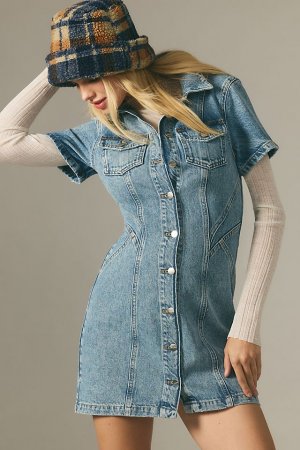 Джинсовое мини-платье с короткими рукавами и пуговицами спереди, деним/средне-синий Pilcro