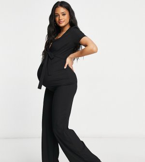 Черный комбинезон в рубчик с широкими штанинами и запахом спереди -Черный цвет Missguided Maternity