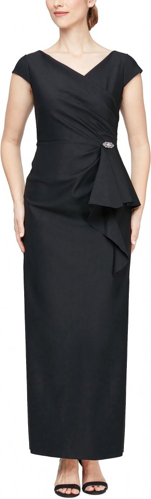 Длинное платье с аквалангом из эластичной ткани каскадной деталью спереди, вырезом и короткими рукавами , черный Alex Evenings