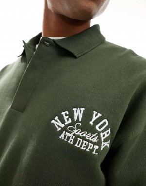 Темно-зеленая футболка-поло с вышивкой NY New Look