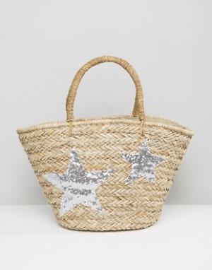 Плетеная пляжная сумка с серебристыми звездами Chateau. Цвет: бежевый