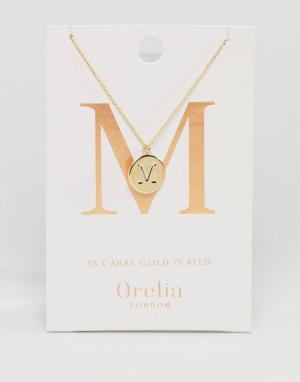 Позолоченное ожерелье с инициалом М на подвеске-диске -Золотой Orelia