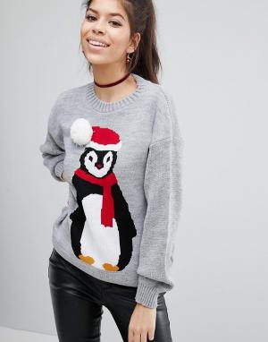 Новогодний джемпер с пингвином и помпоном на шапке Boohoo. Цвет: серый