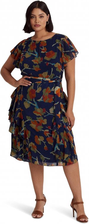 Платье из жоржета с цветочным принтом и оборками больших размеров LAUREN Ralph Lauren, цвет Blue Multi