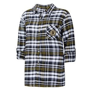 Женская спортивная черная ночная рубашка Boston Bruins Mainstay из фланелевой ткани на пуговицах с рукавом три четверти Unbranded