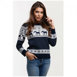 Шерстяной женский свитер, классический скандинавский орнамент с Оленями и снежинками, натуральная шерсть, сине-белый цвет, размер XS AnyMalls. Цвет: синий