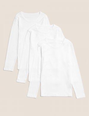 3 комплекта футболок с длинными рукавами из чистого хлопка (2–16 лет) , белый Marks & Spencer