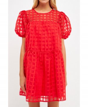 Женское платье с пышными рукавами в сетку , красный English Factory