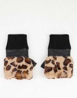 Кожаные перчатки без пальцев с леопардовым принтом и отделкой из искусственного меха -Коричневый цвет Jayley