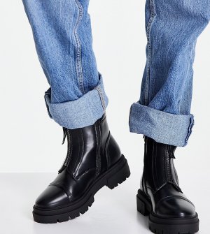 Черные высокие ботинки с молнией спереди и плоской подошвой -Черный цвет Glamorous Wide Fit