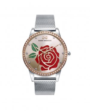 Женские часы Tooting с красным блестящим цветком и стальной сеткой , серебро Mark Maddox
