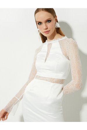 Атласное мини-свадебное платье с кружевными деталями , экрю Koton