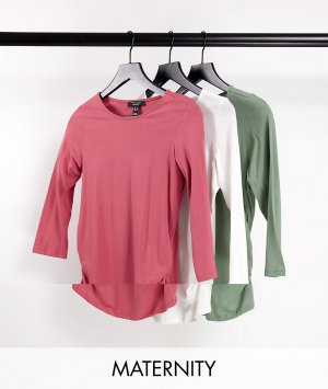 Комплект из 3 футболок с рукавами 3/4 черного, розового цвета и хаки -Светло-бежевый цвет New Look Maternity