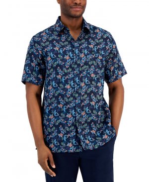 Мужская льняная рубашка на пуговицах с короткими рукавами и цветочным принтом Lance , синий Club Room