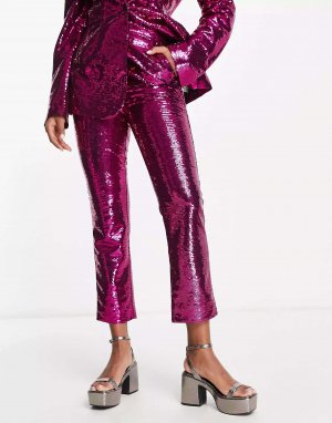 Розовые узкие прямые костюмные брюки с пайетками ASOS. Цвет: розовый