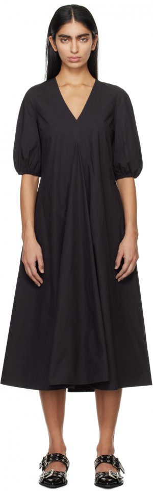 Черное платье-миди с v-образным вырезом Ganni