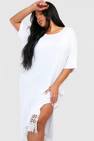 Пляжное платье Midaxi Plus с кисточками и кисточками, связанное крючком boohoo, белый Boohoo