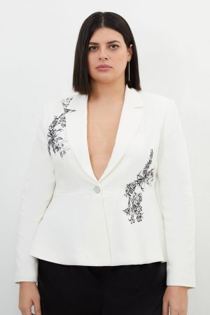 Плюс размер Компактный пиджак из вискозы с вышивкой и баской , белый Karen Millen