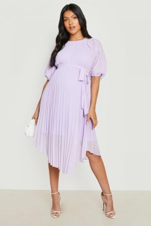 Плиссированное платье миди с завязками на талии для беременных и пышными рукавами, фиолетовый Boohoo