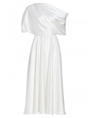 Атласное миди-платье с открытыми плечами и драпировкой , слоновая кость Amsale