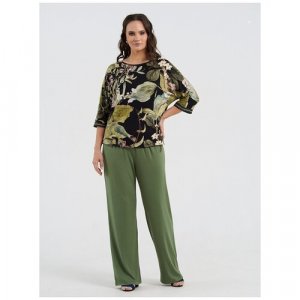 Комплект , брюки, блуза, укороченный рукав, размер 56, зеленый El Fa Mei. Цвет: зеленый