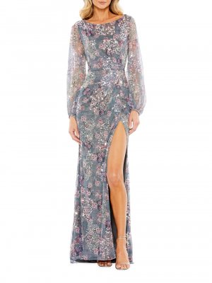Украшенное платье Illusion с длинными рукавами и искусственным запахом , серый Mac Duggal