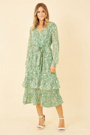 Зеленое многоуровневое платье миди с длинными рукавами и запахом цветочным принтом , зеленый Yumi