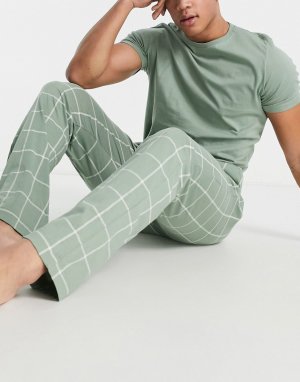 Пижамный комплект шалфейно-зеленого цвета в клетку с футболкой короткими рукавами -Зеленый цвет Brave Soul