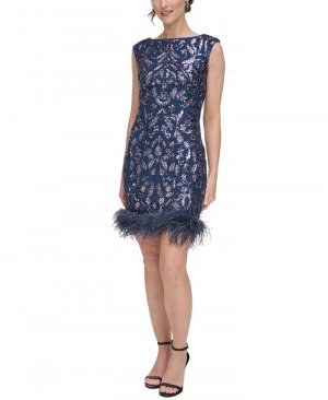 Женское платье-футляр с отделкой перьями и пайетками , синий Eliza J