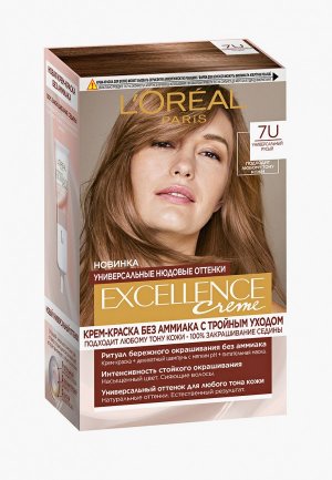 Краска для волос LOreal Paris L'Oreal без аммиака Excellence Crème Универсальные Нюдовые Оттенки, оттенок 7U, универсальный русый. Цвет: бежевый