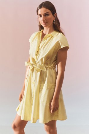 Мини-платье-рубашка с короткими рукавами и завязкой на талии , желтый Next