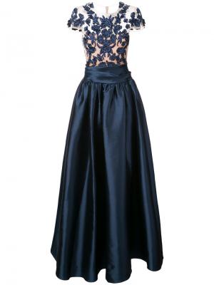 Длинное платье с кружевным верхом Marchesa Notte. Цвет: синий