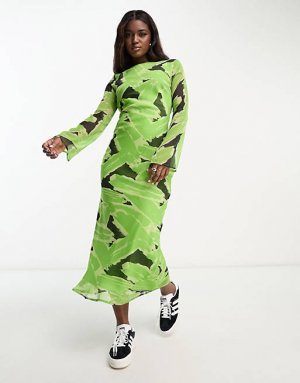 Зеленое шифоновое платье миди с длинными рукавами ASOS DESIGN абстрактным принтом