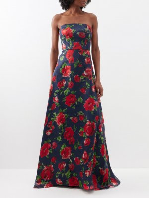 Шелковое платье без бретелек с принтом роз , синий Carolina Herrera