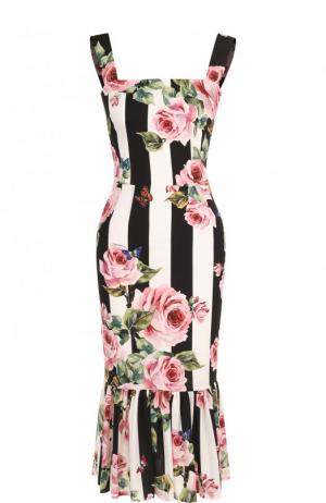Шелковое платье-миди в полоску с цветочным принтом Dolce & Gabbana. Цвет: разноцветный