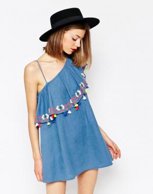 Платье на одно плечо с оборками и кисточками Java Piper. Цвет: синий