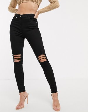 Черные джинсы скинни с рваными коленями -Черный Parisian