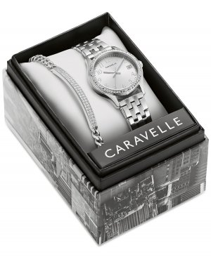 Женские часы-браслет из нержавеющей стали с кристаллами, 32 мм, подарочный набор Caravelle