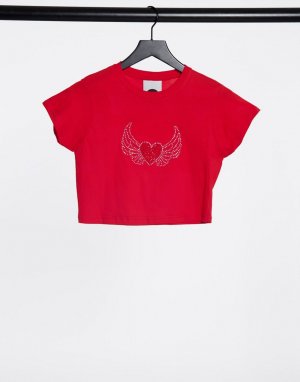 Укороченная футболка в винтажном стиле с принтом сердца и стразами Vintage-Красный Milk It