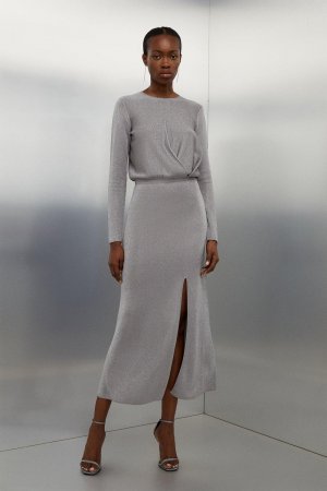 Трикотажное платье макси с облегающим разрезом из вискозы , серый Karen Millen
