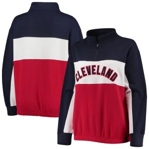 Женский свитшот с фирменным логотипом темно-синего/красного цвета Cleveland Indians большого размера цветными блоками и молнией четверть четверти Fanatics