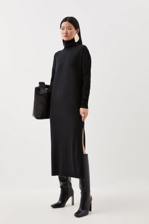 Трикотажное платье мидакси свободного кроя из мериносовой шерсти с высоким воротником , черный Karen Millen